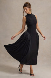 Black High-Neck Volume-Skirt Midi Dress
